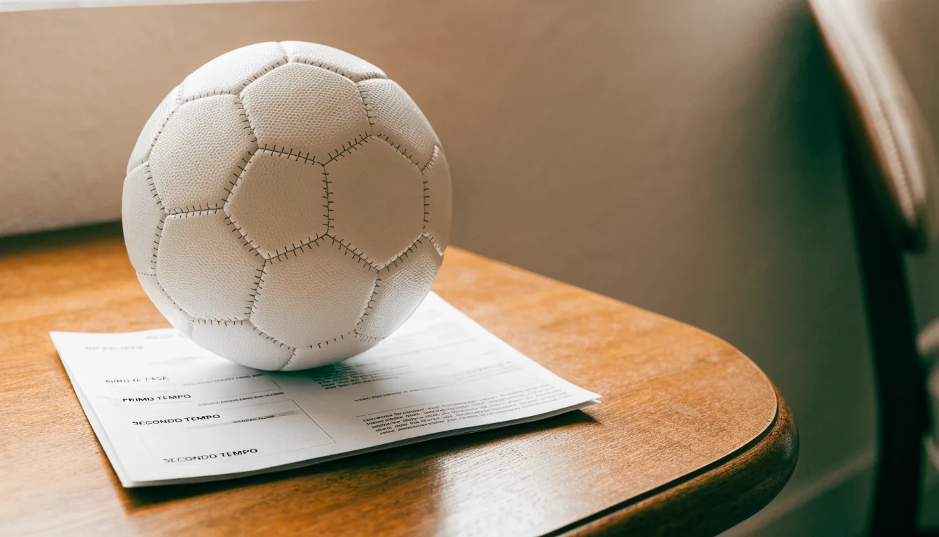 Un pallone da calcio appoggiato su una schedina bianca su un tavolo di legno, alla luce del giorno
