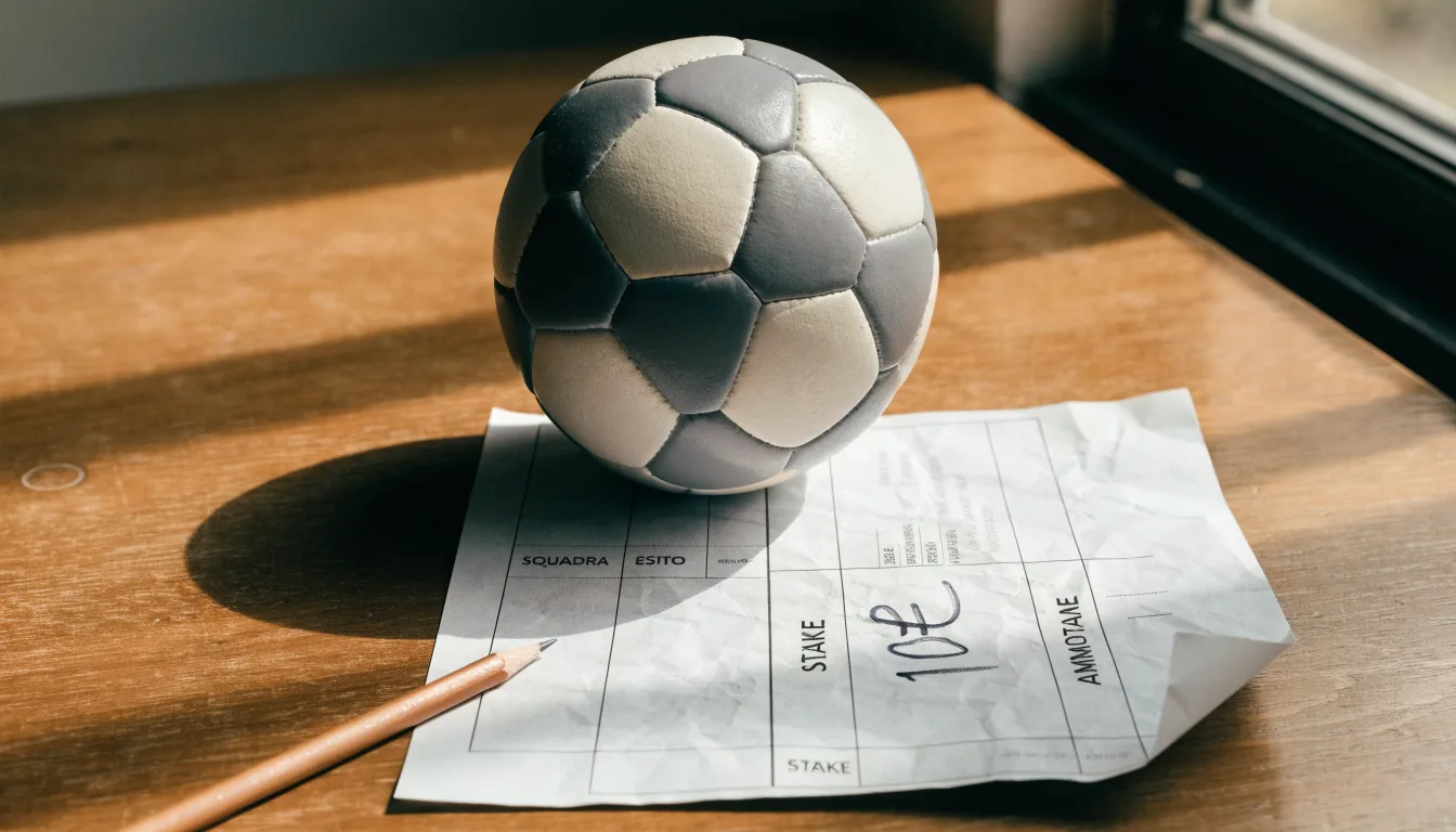 Un pallone da calcio appoggiato su una schedina bianca su un tavolo di legno, alla luce del giorno