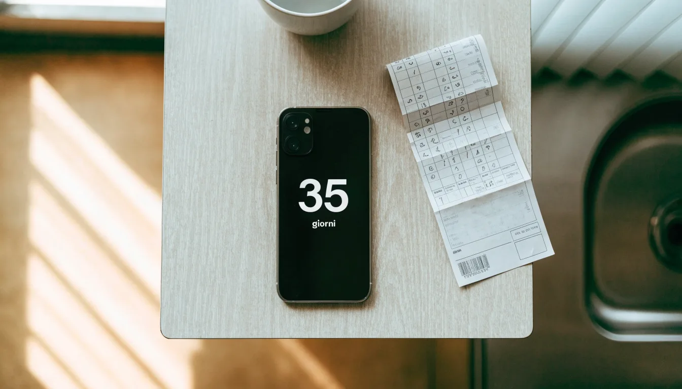 Un documento di identità appoggiato accanto a uno smartphone con un timer sullo schermo, su un tavolo da cucina
