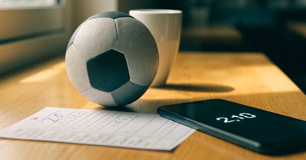 Un pallone da calcio appoggiato su una schedina bianca su un tavolo di legno, alla luce del giorno