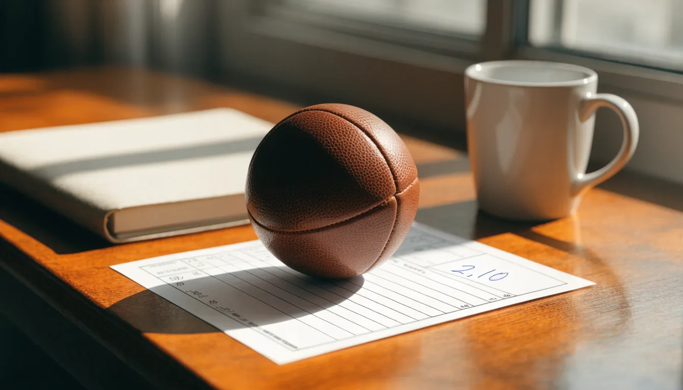 Un pallone da calcio appoggiato su una schedina bianca su un tavolo di legno, alla luce del giorno