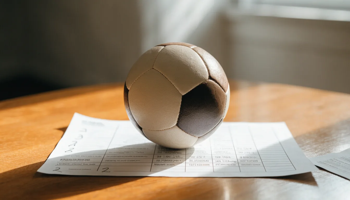 Un pallone da calcio appoggiato su una schedina bianca su un tavolo di legno, alla luce del giorno