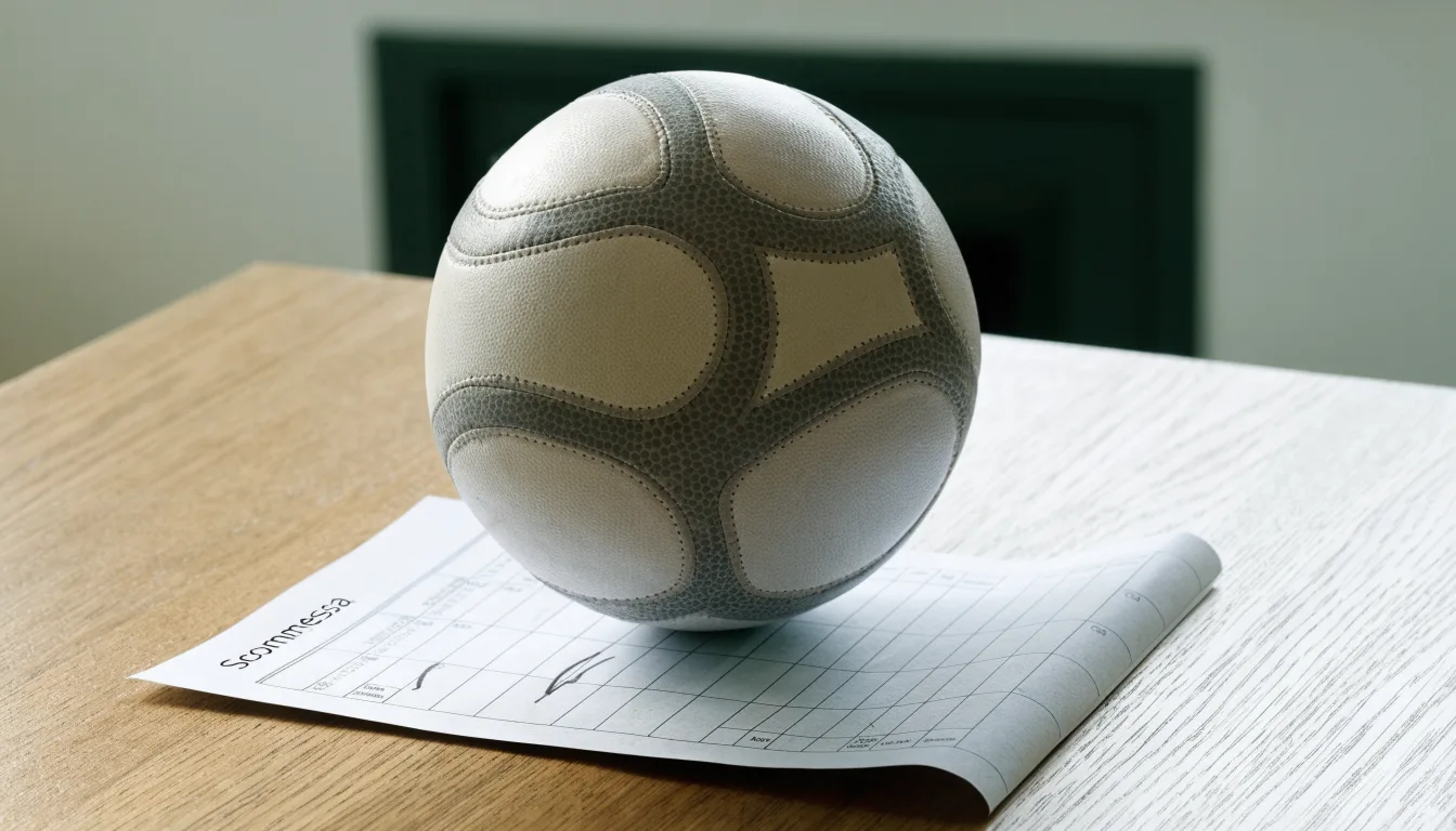 Un pallone da calcio appoggiato su una schedina bianca su un tavolo di legno, alla luce del giorno