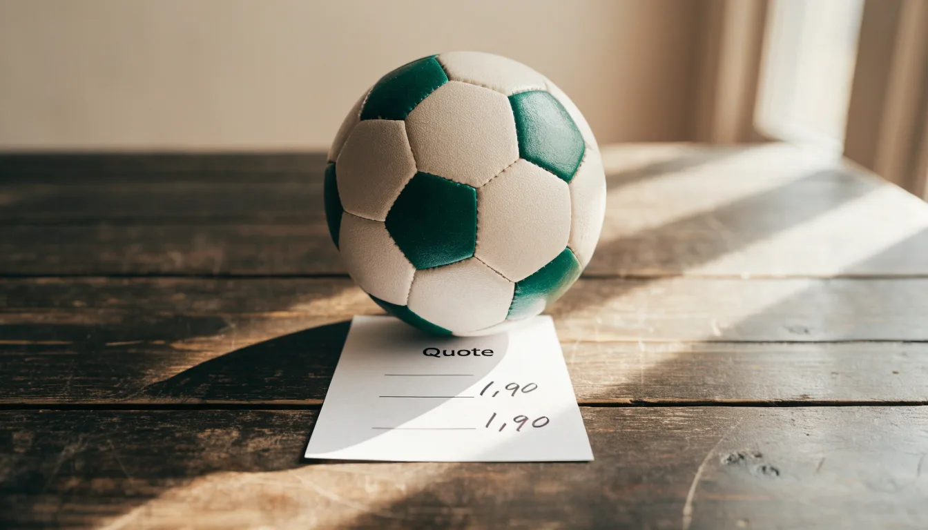 Un pallone da calcio appoggiato su una schedina bianca su un tavolo di legno, alla luce del giorno