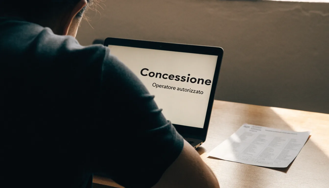 Un foglio di concessione in carta con un timbro rosso, appoggiato su una scrivania di legno accanto a una penna
