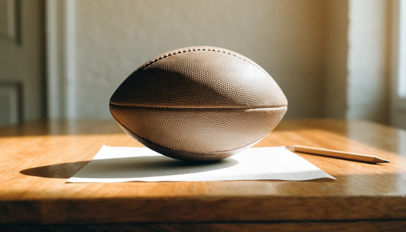 Un pallone da calcio appoggiato su una schedina bianca su un tavolo di legno, alla luce del giorno