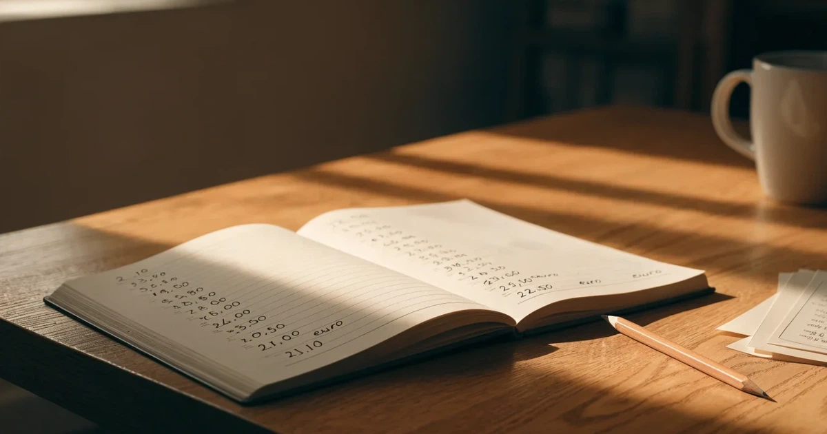 Un quaderno aperto con quote scritte a mano, una calcolatrice e una matita su un tavolo di legno