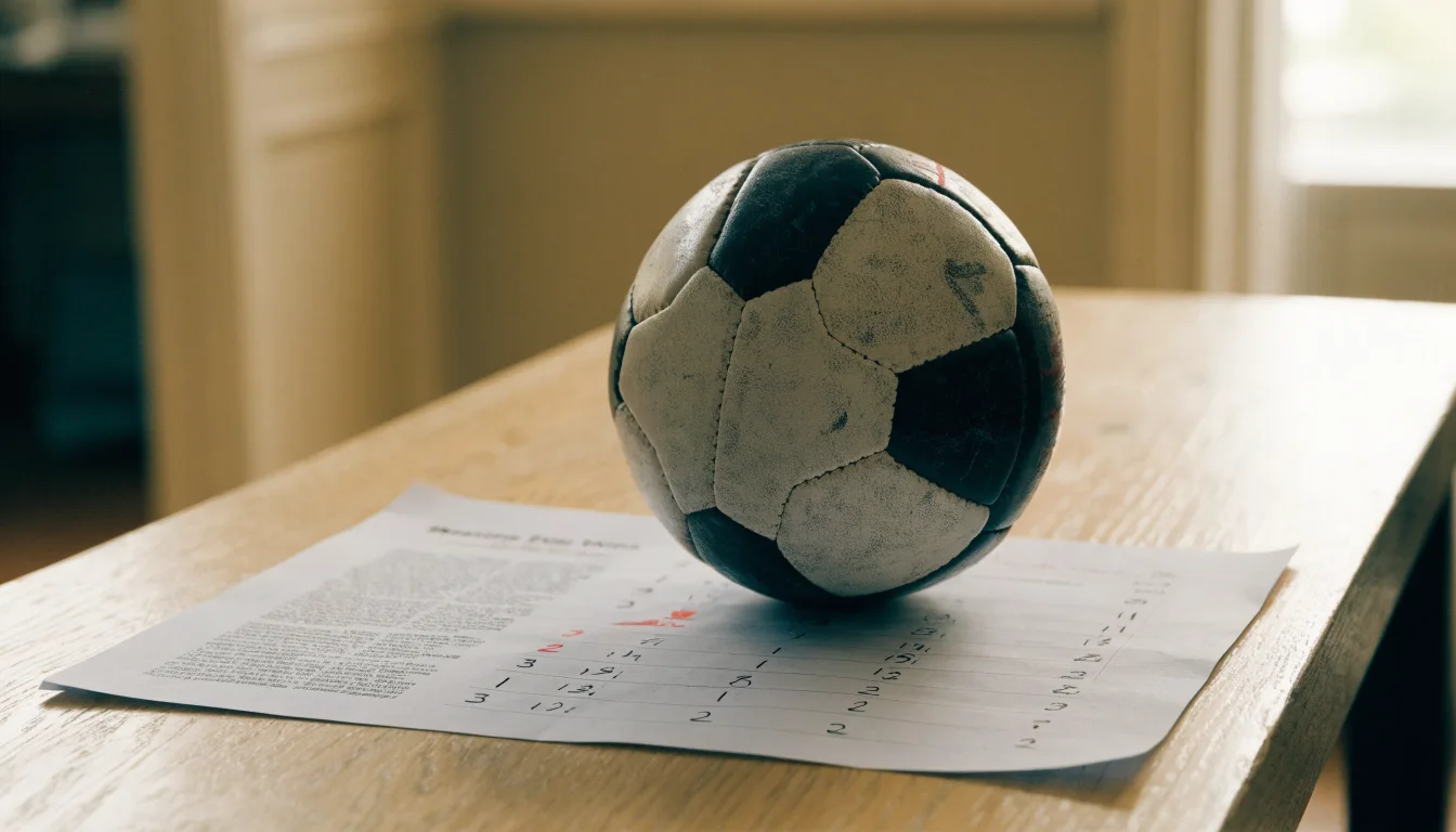 Un pallone da calcio appoggiato su una schedina bianca su un tavolo di legno, alla luce del giorno