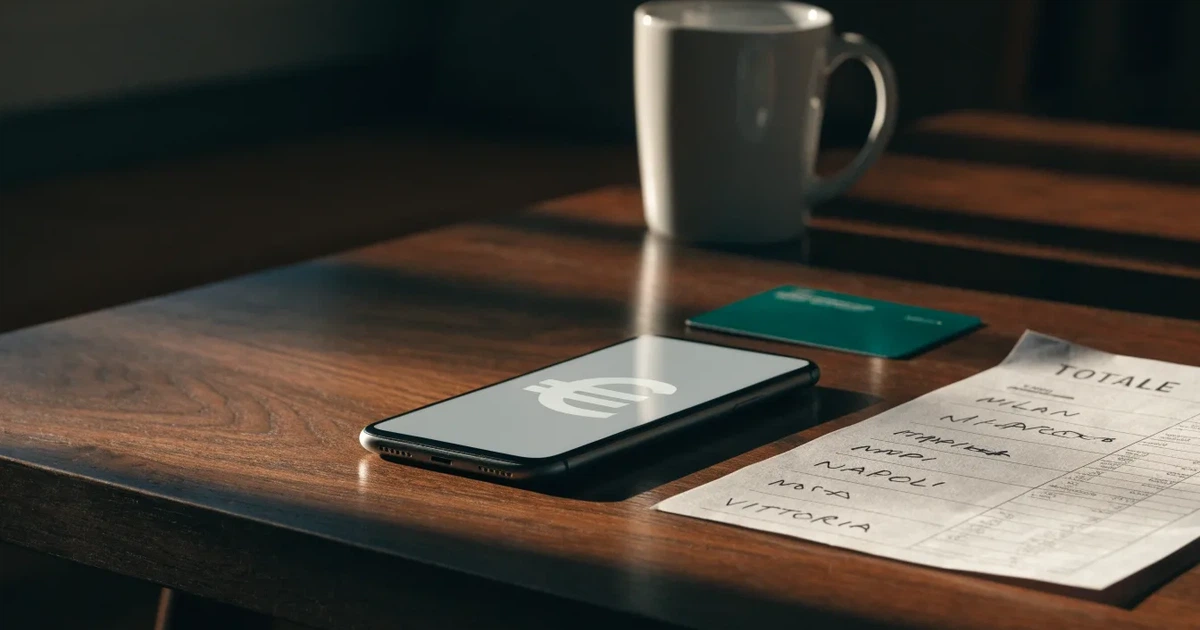 Uno smartphone e una carta di pagamento affiancati su un tavolo di legno, con alcune banconote da euro accanto