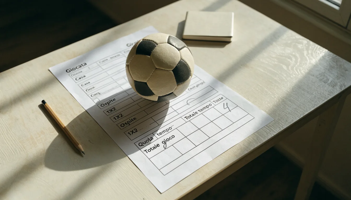 Un pallone da calcio appoggiato su una schedina bianca su un tavolo di legno, alla luce del giorno