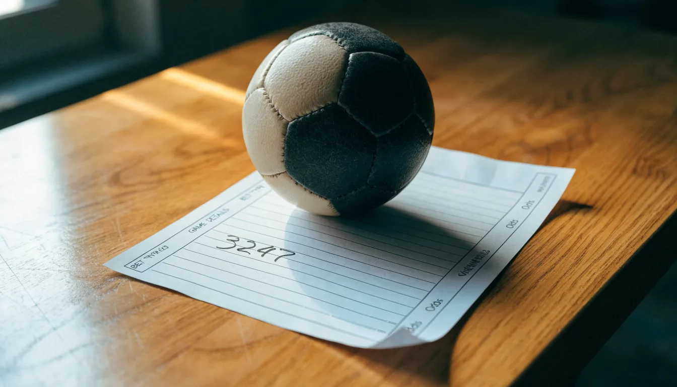 Un pallone da calcio appoggiato su una schedina bianca su un tavolo di legno, alla luce del giorno