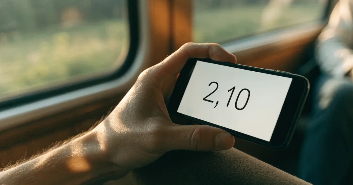 Una mano che tiene uno smartphone con una scommessa sullo schermo, su un treno nel tardo pomeriggio