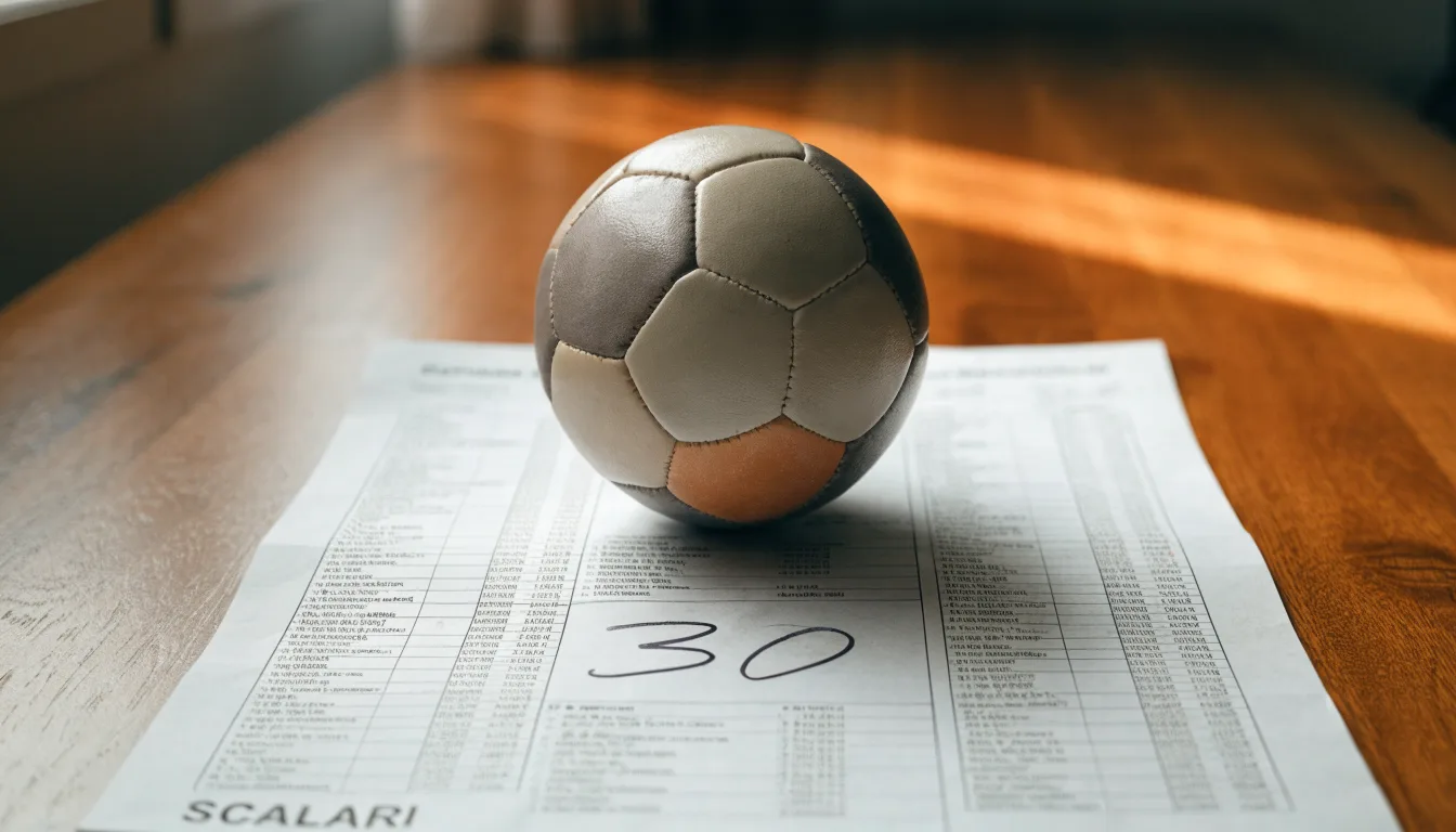 Un pallone da calcio appoggiato su una schedina bianca su un tavolo di legno, alla luce del giorno