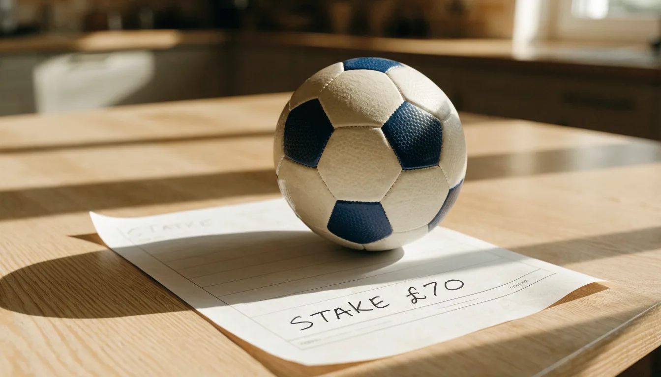 Un pallone da calcio appoggiato su una schedina bianca su un tavolo di legno, alla luce del giorno