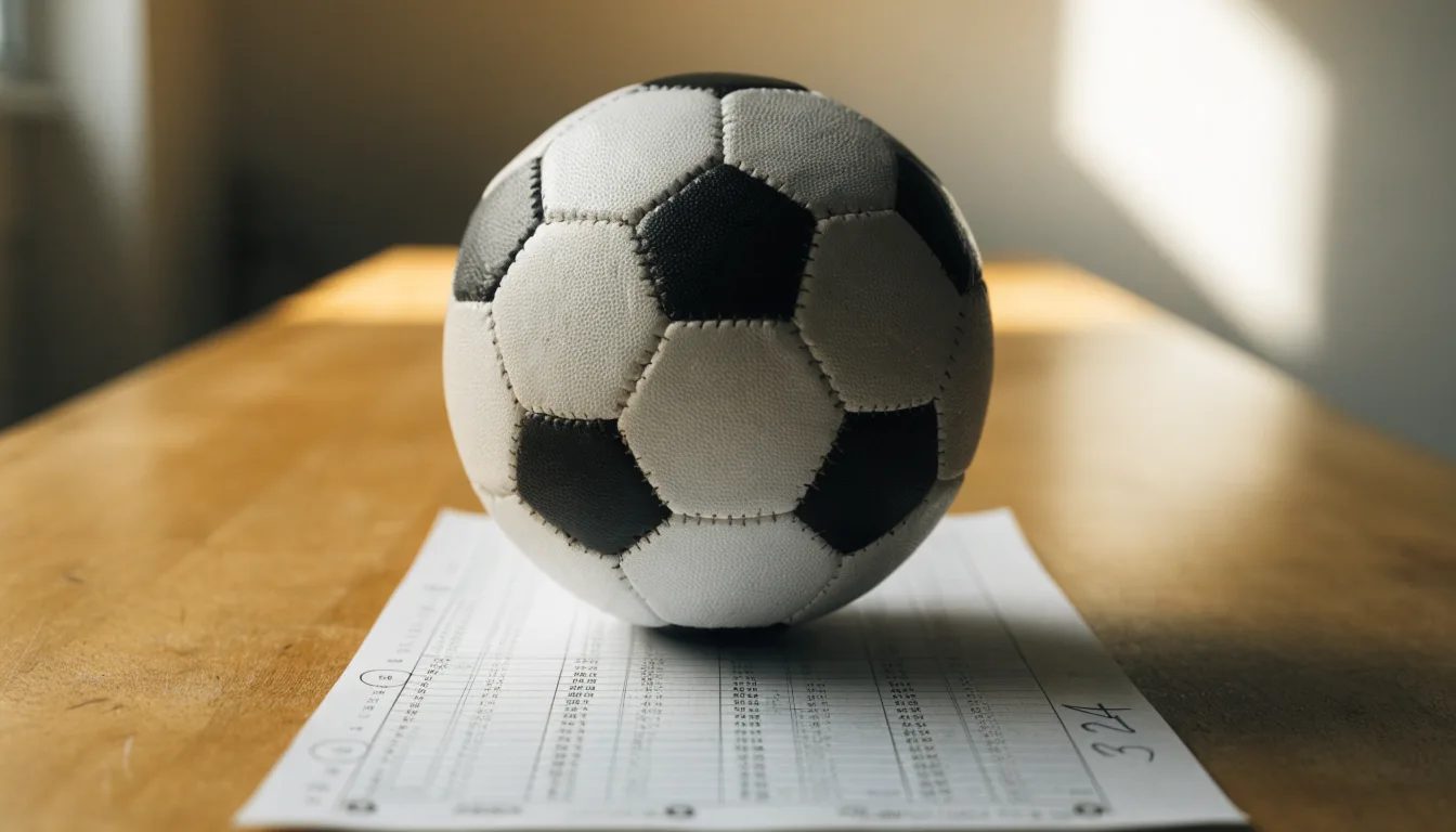 Un pallone da calcio appoggiato su una schedina bianca su un tavolo di legno, alla luce del giorno