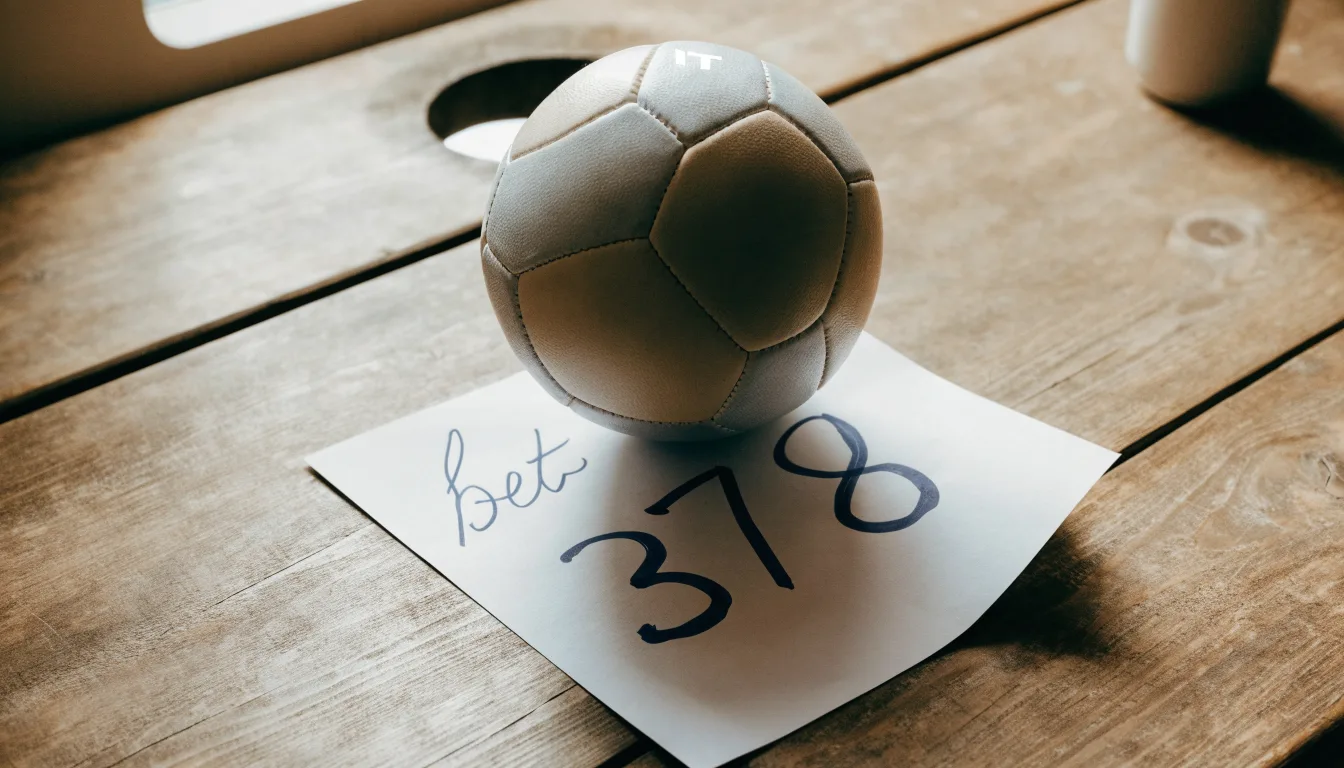 Un pallone da calcio appoggiato su una schedina bianca su un tavolo di legno, alla luce del giorno