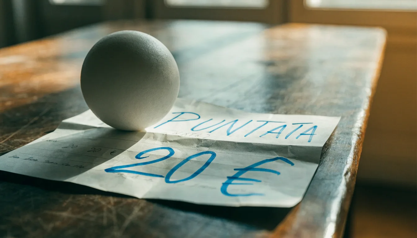 Un pallone da calcio appoggiato su una schedina bianca su un tavolo di legno, alla luce del giorno