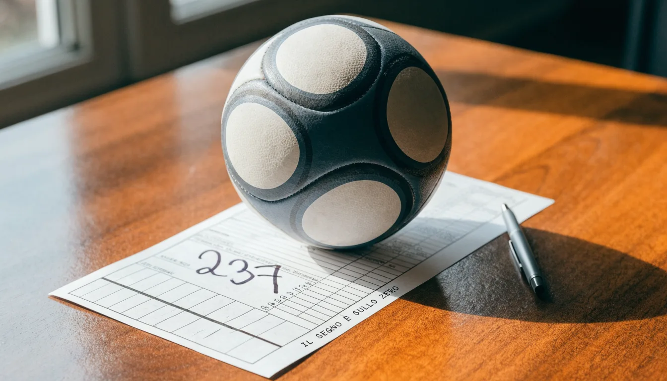 Un pallone da calcio appoggiato su una schedina bianca su un tavolo di legno, alla luce del giorno