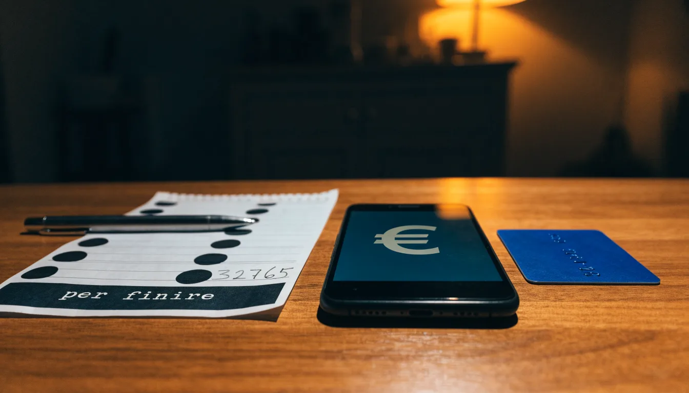 Uno smartphone e una carta di pagamento affiancati su un tavolo di legno, con alcune banconote da euro accanto