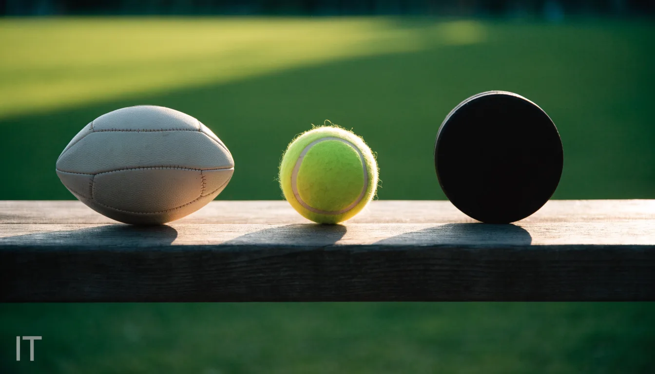 Tre palloni di sport diversi allineati uno accanto all'altro su una panca di legno