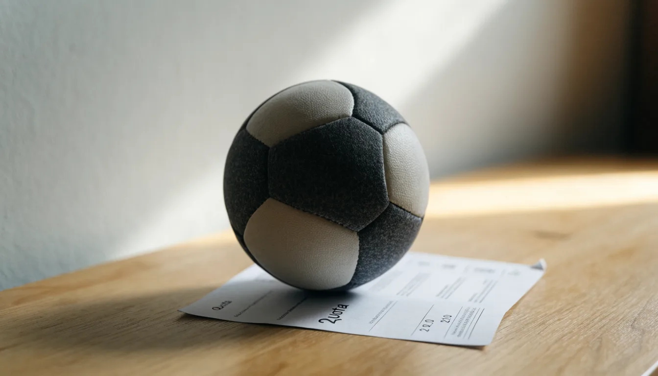 Un pallone da calcio appoggiato su una schedina bianca su un tavolo di legno, alla luce del giorno