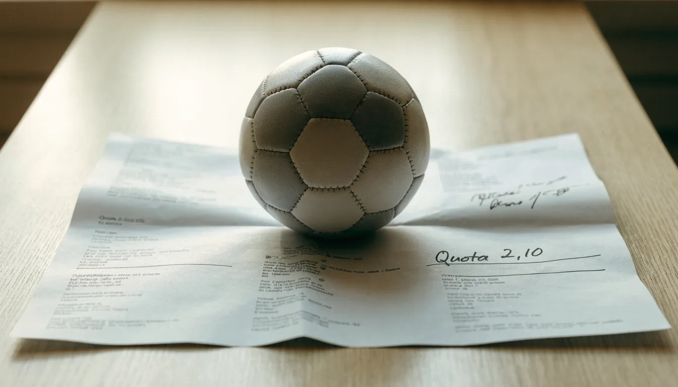 Un pallone da calcio appoggiato su una schedina bianca su un tavolo di legno, alla luce del giorno