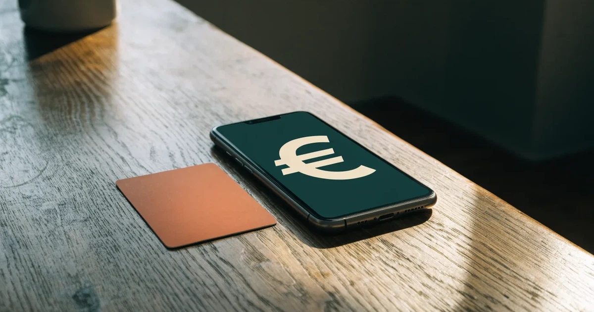 Uno smartphone e una carta di pagamento affiancati su un tavolo di legno, con alcune banconote da euro accanto