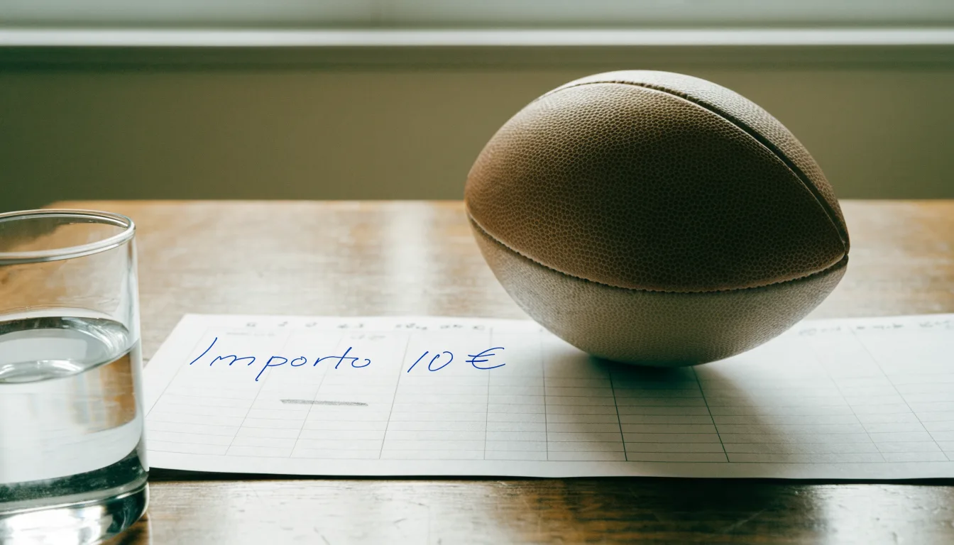 Un pallone da calcio appoggiato su una schedina bianca su un tavolo di legno, alla luce del giorno