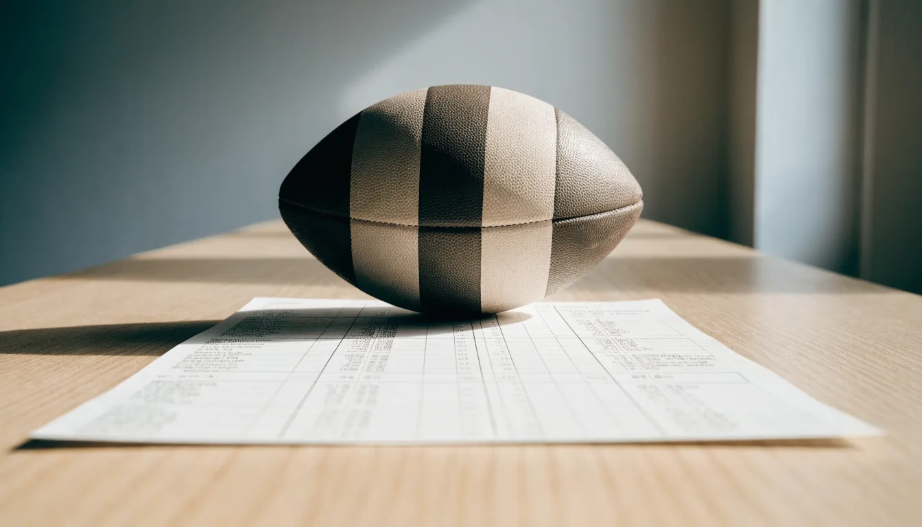 Un pallone da calcio appoggiato su una schedina bianca su un tavolo di legno, alla luce del giorno