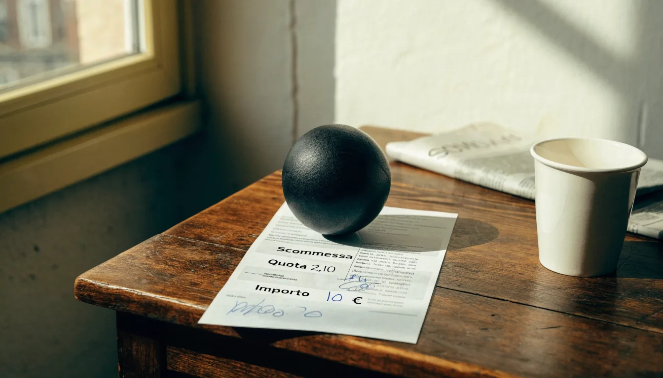 Un pallone da calcio appoggiato su una schedina bianca su un tavolo di legno, alla luce del giorno