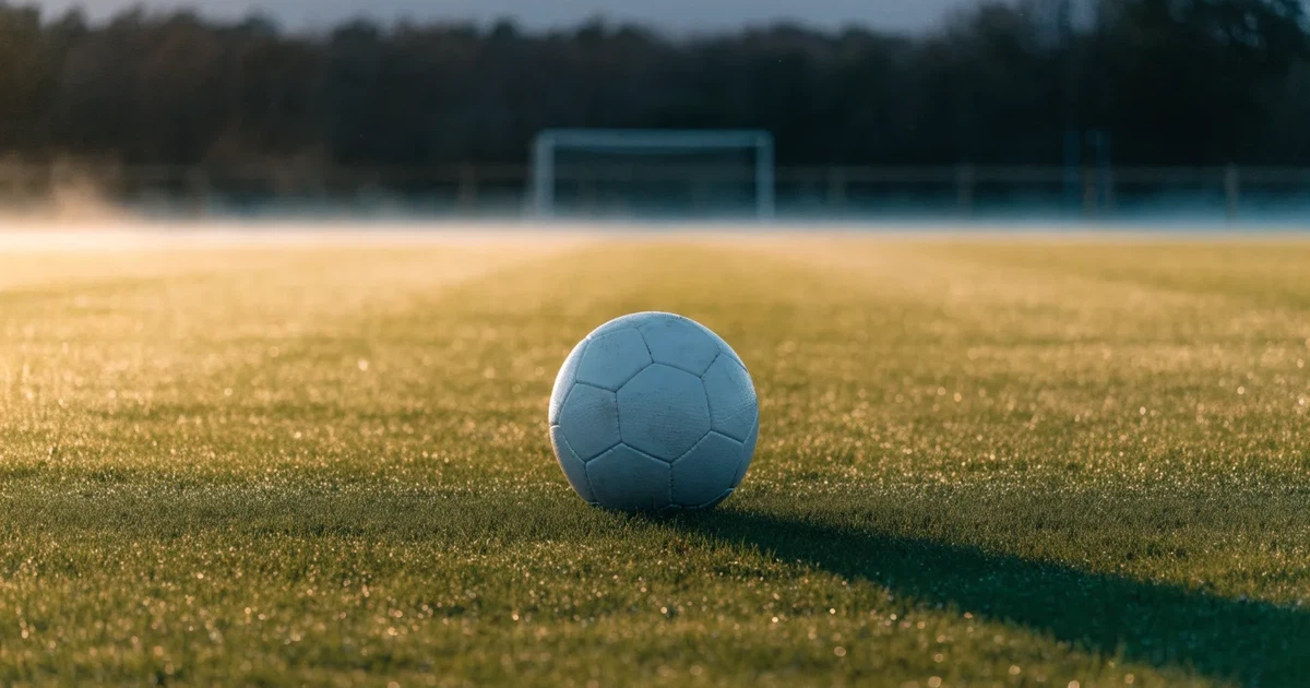 Un pallone da calcio sul dischetto del centrocampo di un prato, alla luce del mattino