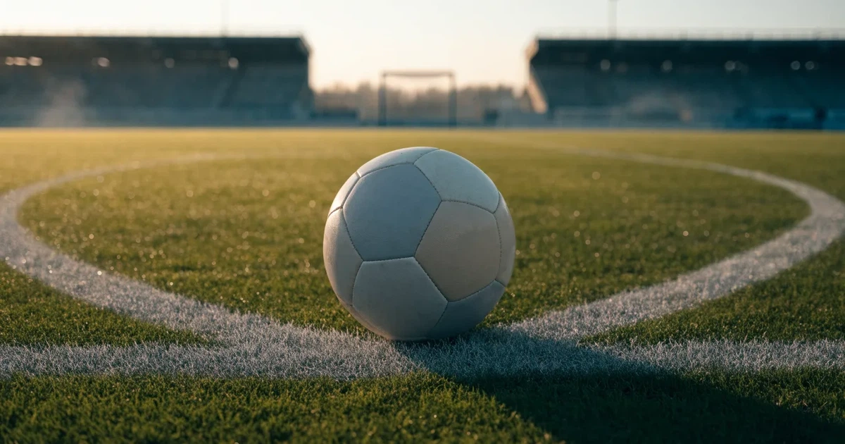 Un pallone da calcio sul dischetto del centrocampo di un prato, alla luce del mattino