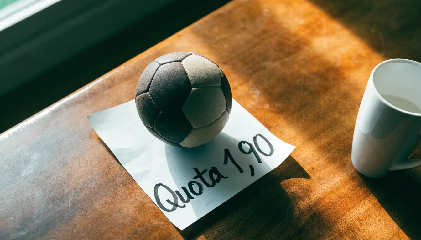 Un pallone da calcio appoggiato su una schedina bianca su un tavolo di legno, alla luce del giorno