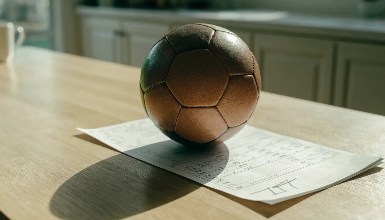 Un pallone da calcio appoggiato su una schedina bianca su un tavolo di legno, alla luce del giorno