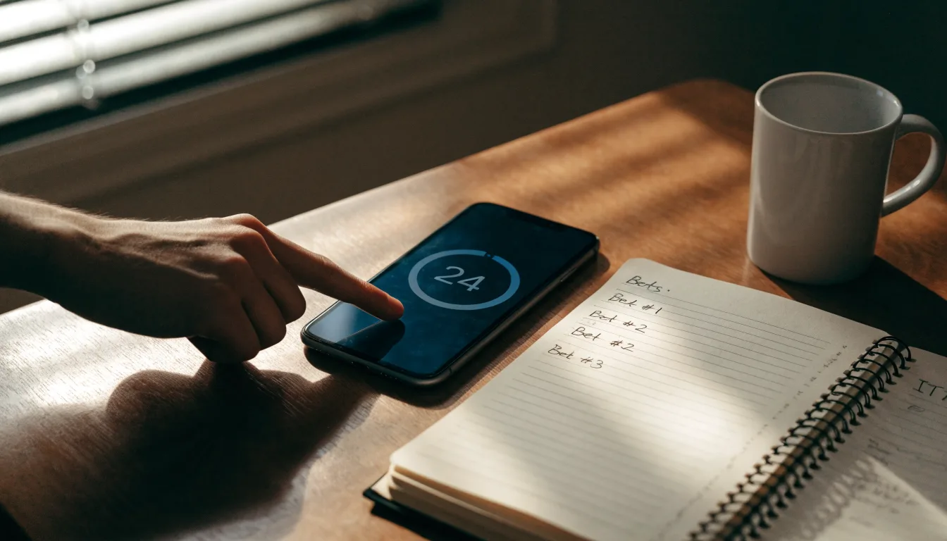 Un documento di identità appoggiato accanto a uno smartphone con un timer sullo schermo, su un tavolo da cucina