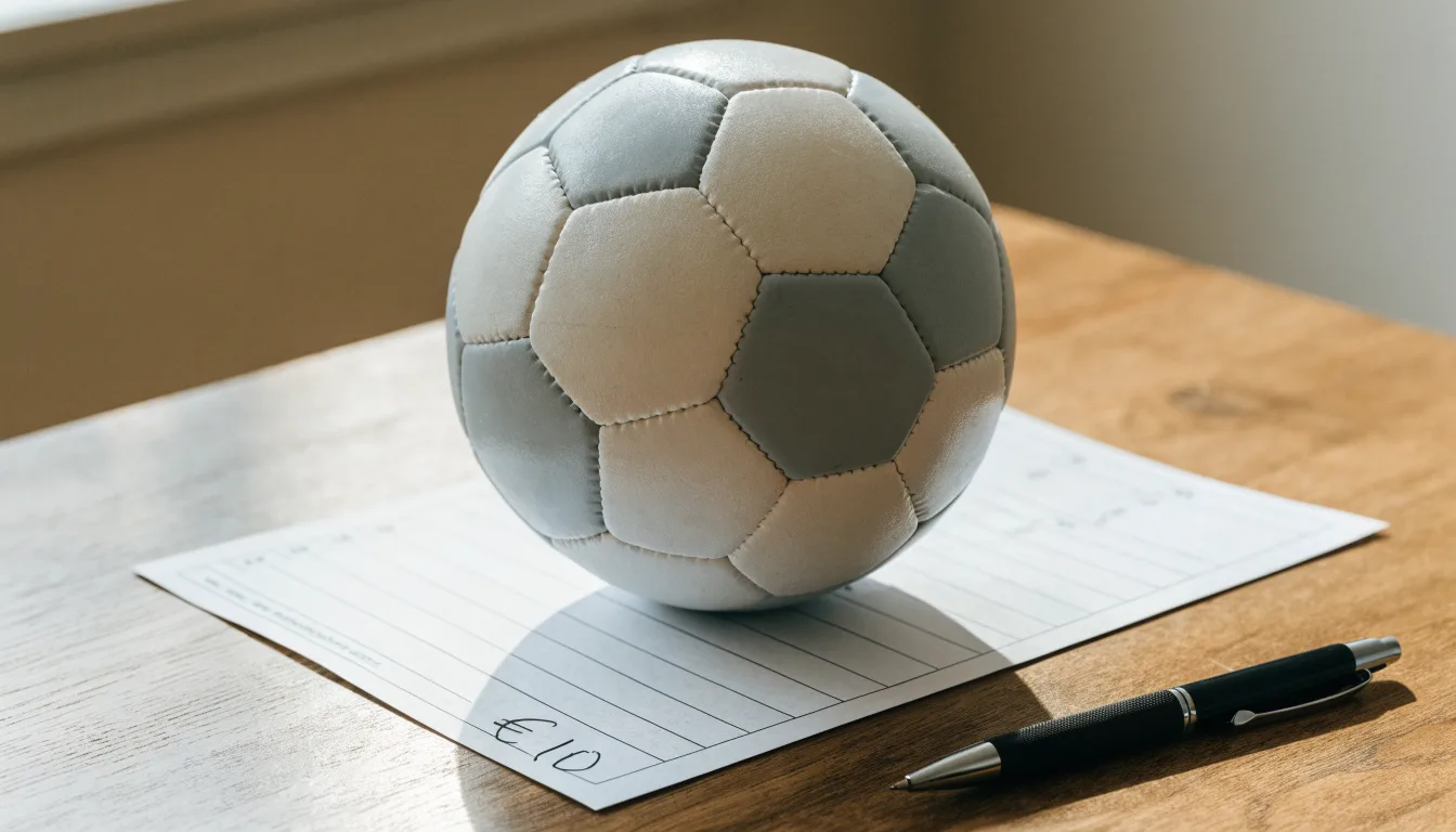 Un pallone da calcio appoggiato su una schedina bianca su un tavolo di legno, alla luce del giorno